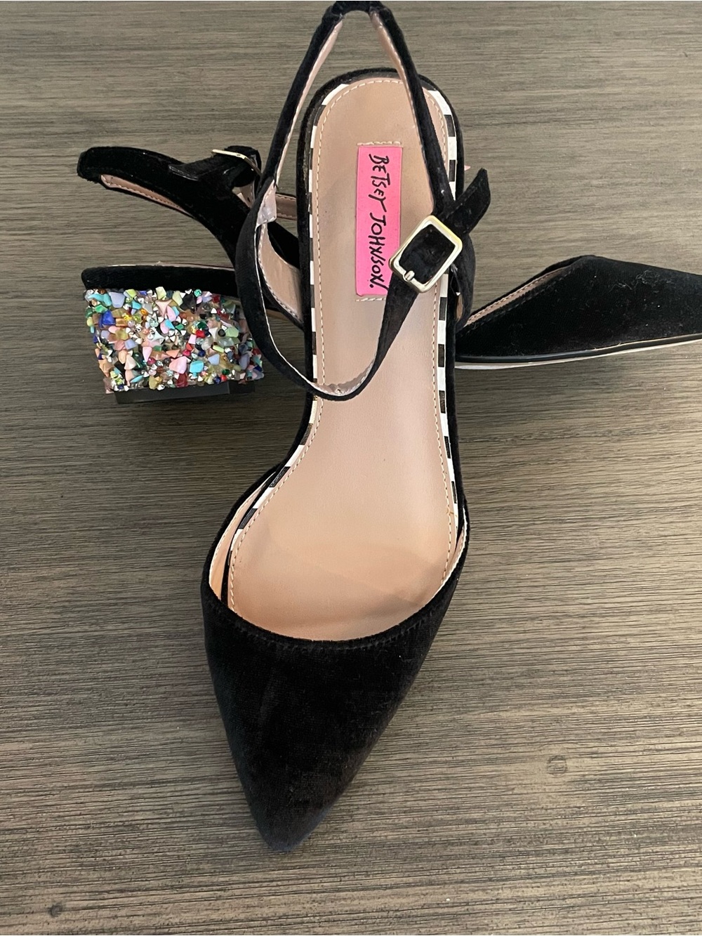 Betsey Johnson Lena Black Velvet Ankle Strap Pumps Glitter Block Heel Size 9 - Picture 1 of 9